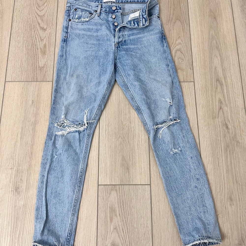 Agolde Light Blue Distressed High Rise Skinny Jeans